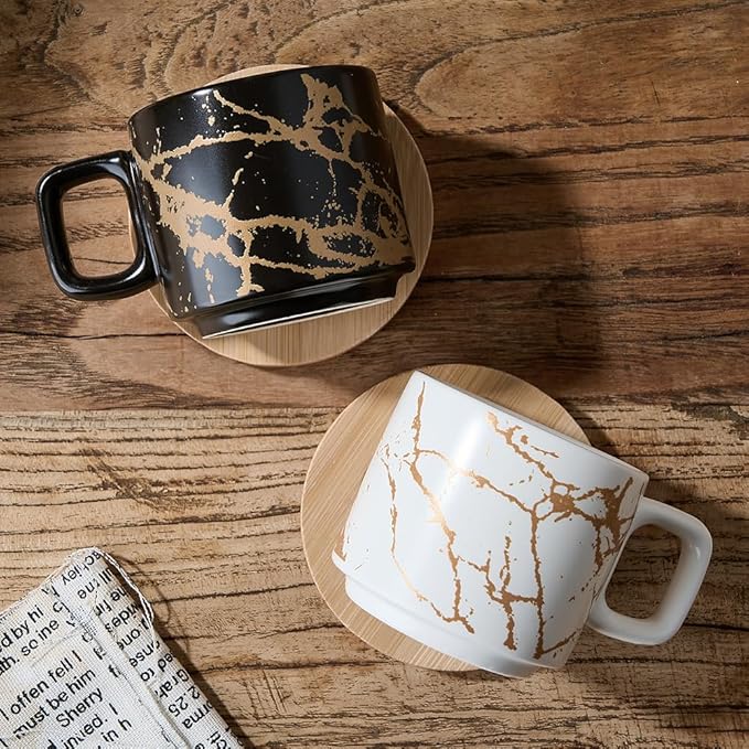 LUKA Porcelain Espresso Cup with Saucer and Metal Stand, 4 Ounce Stackable Ceramic Demitasse Espresso Mugs Cups Set for Latte, Specialty Coffee Drinks, Cafe Mocha - Set of 4, White & Black