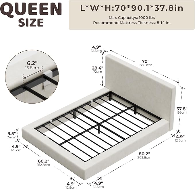 RECCI Cloud Upholstered Queen Bed Frame with Headboard, 5 Inch Foam Padded Platform, No Box Spring, Easy Assembly(Cream)