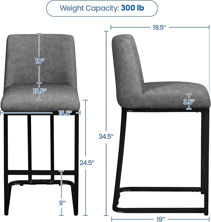 Yaheetech Counter Height Bar Stools 24'' Bar Stools Set of 2 Leather Bar Chairs Modern Upholstered Barstools with Back for Kitchen Counter Gray