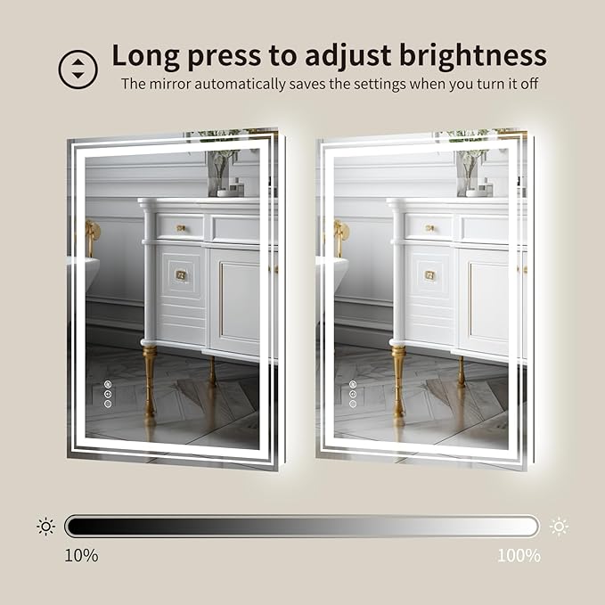 WTTY LED Bathroom Mirror with Backlit and Front Light, 23.6" X 31.5" Stepless Dimmable LED Mirror for Bathroom,Anti-Fog Lighted Bathroom Vanity Mirror Modern for Wall,Memory Function,Shatter-Proof