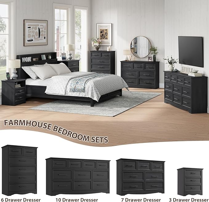 Black Farmhouse Dresser for Bedroom, Modern 7 Chest of Drawers, 47" Wide Chest of Drawers w/Brushed Metal Handle, Wood Dresser TV Stand and Storage Cabinet for Bedroom, Living Room, Hallway