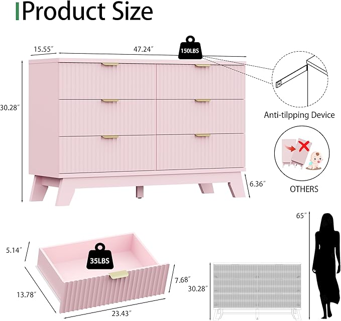 Fluted Dresser for Bedroom with 6 Drawers, 48" Wide Modern Chest of Drawers with Metal Handle, Wooden Dresser TV Stand, Wood Closet Clothes Storage Drawer Organizer for Living Room, Hallway, Pink