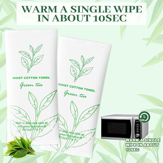 Moist Cotton Towel Bulk Moist Towelettes Individually Wrapped,White Towel Services,Refreshment Pre Moistened Towels for Dentist Travel Sport Party Hotel 200，Green tea