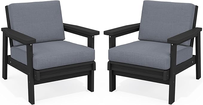 SERWALL HDPE Outdoor Couch Set of 2, Black Frame and Grey Cushion