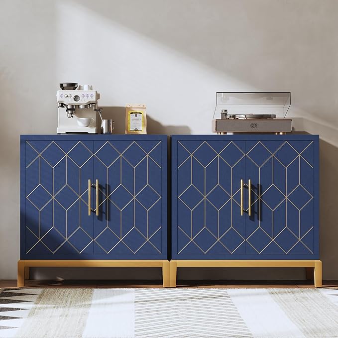 HLR Accent Cabinet with Gold Trim,Storage Cabinet with 2 Doors,Modern Wooden Sideboard for Living Room, Kitchen, Office and Hallway,Blue