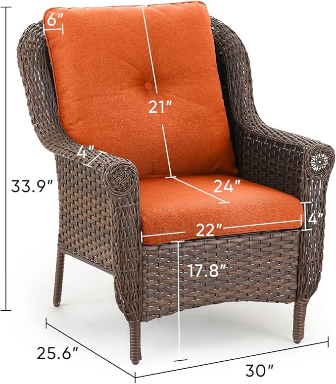 Patio Wicker Chairs Outdoor Furniture Chair - Set of 4 Outside All Weather Lawn Dining Brown Rattan Armchair with High Back&Deep Seating for Deck Porch Balcony Backyard Garden - Orange