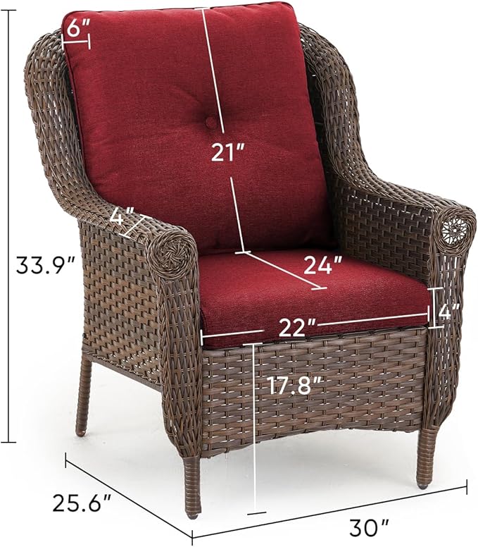 Patio Wicker Chairs Outdoor Furniture Chair - Set of 4 Outside All Weather Lawn Dining Brown Rattan Armchair with High Back&Deep Seating for Deck Porch Balcony Backyard Garden - Red
