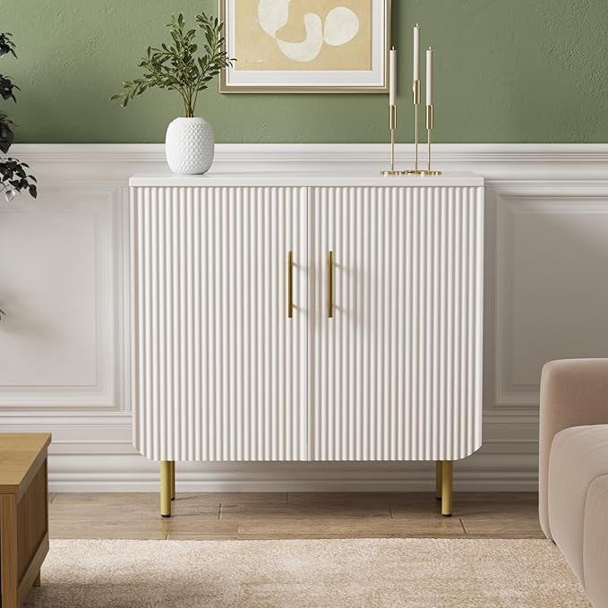 Buffet Cabinet with Storage, Sideboard with 2 Doors, Adjustable Shelf, Fluted Accent Cabinet for Living Room, Modern,White