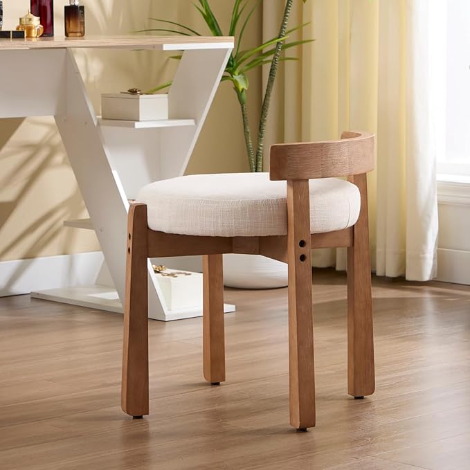 Modern Vanity Chair Upholstered Small Ottoman Footstool, Make Up Stool Linen Fabric with Backrest Wooden Frame for Living Room Bedrooms, 2PCS, Beige