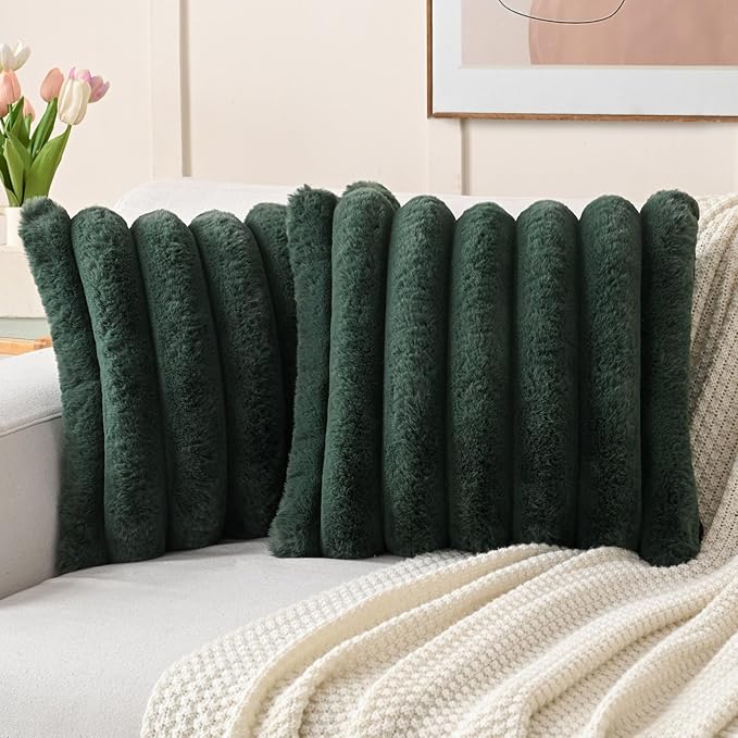 FUTEI Christmas Dark Green Decorative Throw Pillow Covers 16x16 Inch Set of 2, Square Soft Faux Rabbit Fur Thick Striped Cushion Cover,Winter Home Decor for Couch Bed Living Room