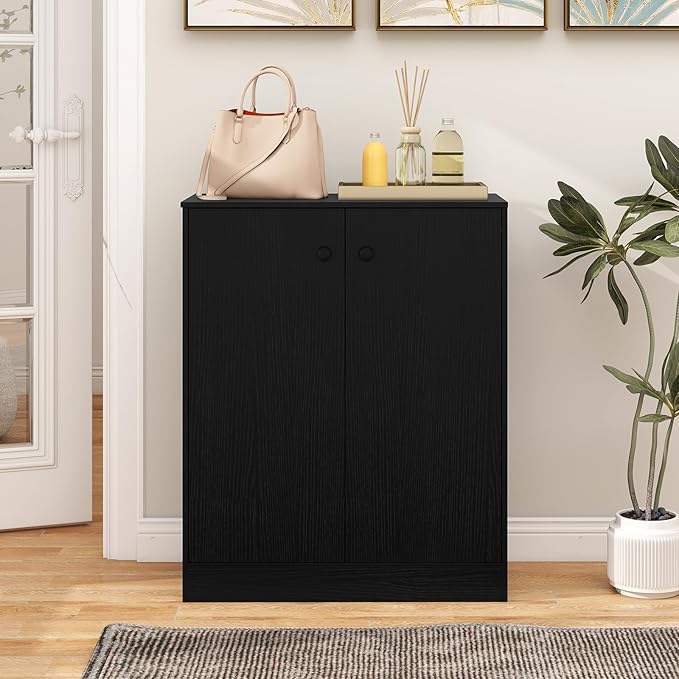 GOFLAME Floor Storage Cabinet with 2 Doors, Freestanding Accent Storage Cabinet Organizer with 3-Tier Inner Shelves, Modern Sideboard Buffet Cabinet for Kitchen, Living Room, Entryway, Black