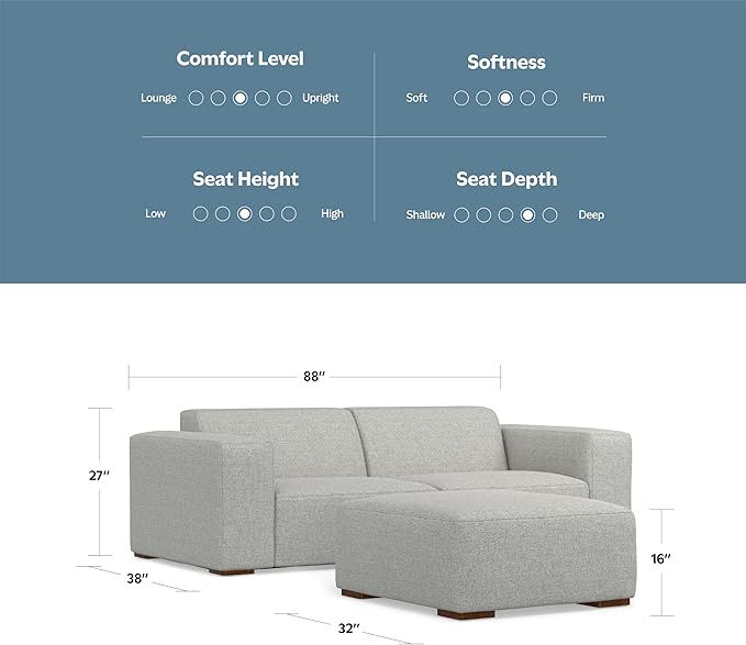 SIMPLIHOME Rex Modular Sofa and Ottoman Set in 100% Recycled Polyester Tightly Woven Performance Fabric, Pale Grey, 88-inch-Wide 2-Seater Couch and Matching 34-inch-Wide Table Ottoman for Living Room