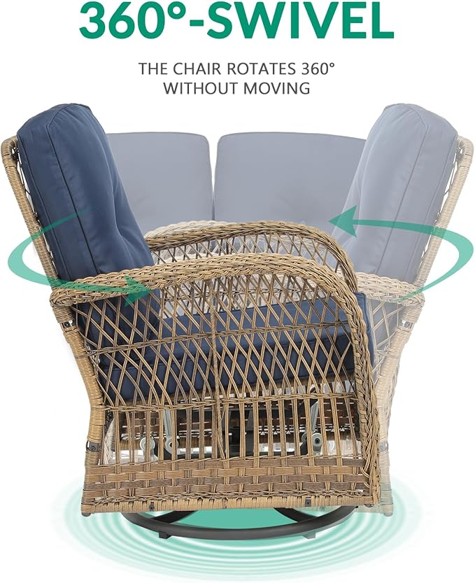 VIVIJASON 7-Piece Outdoor Patio Wicker Conversation Sets, All Weather Outdoor Rattan Furniture Set Includes Glider Loveseat, 2 Rocking Chairs, 2 Swivel-Gliders Chairs, 2 Coffee Table, Navy Blue