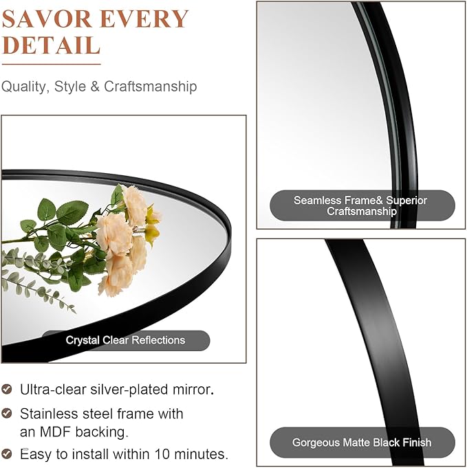 ANDY STAR Arched Mirror, 24 x 36 Inch Black Wall Mirror in Stainless Steel Metal Frame, Arch Top Rounded Corner 1 Inch Deep Set Design Wall Mount Hangs Vertical