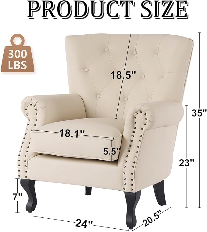 Modern Faux Leather Accent Chair, Upholstered Mid-Century Armchair with Solid Wood Legs, Single Sofa Chair for Living Room, Bedroom, or Reading Room（Ivory White）