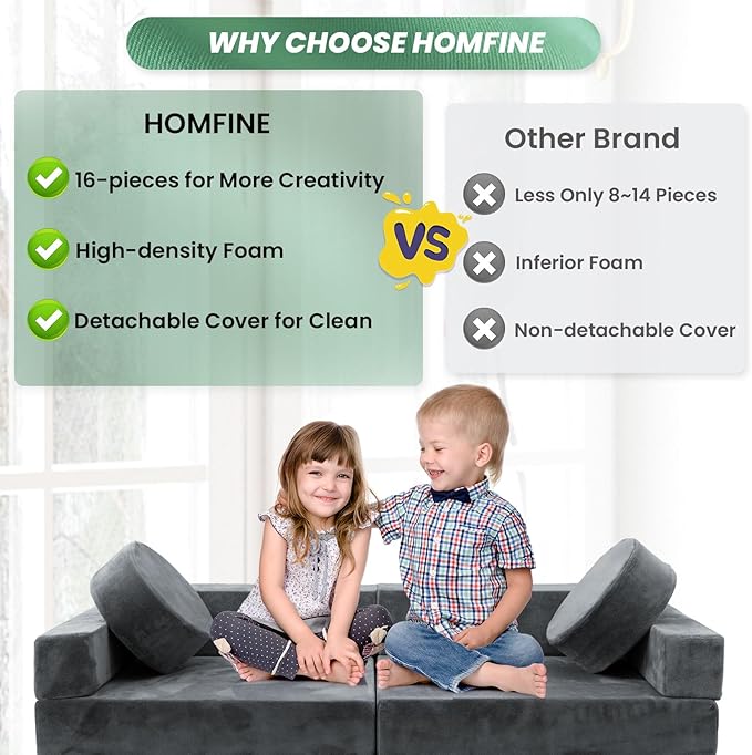 HOMFINE 16pcs Modular Kids Play Couch, Kids Toddler Couch, Child Sectional Sofa, Versatile Kid Sofa for Playroom Bedroom, Convertible Foam and Floor Cushion for Boys and Girls, Grey