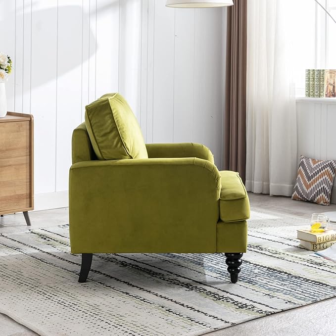 Velvet Upholstered Accent Chairs Set of 2 Modern Single Sofa Chair with Thick Removable Back Cushion and Black Printed Legs Armchair for Living Room/Bedroom/Reading, Olive Green