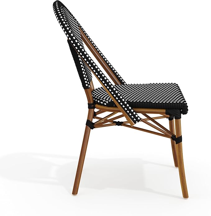 Martha Stewart Lily Pond Indoor-Outdoor Stackable Bistro Chairs with Natural Woodgrain Aluminum Frame Finish, Black/White Woven Rattan Backrests/Seats, Set of 2