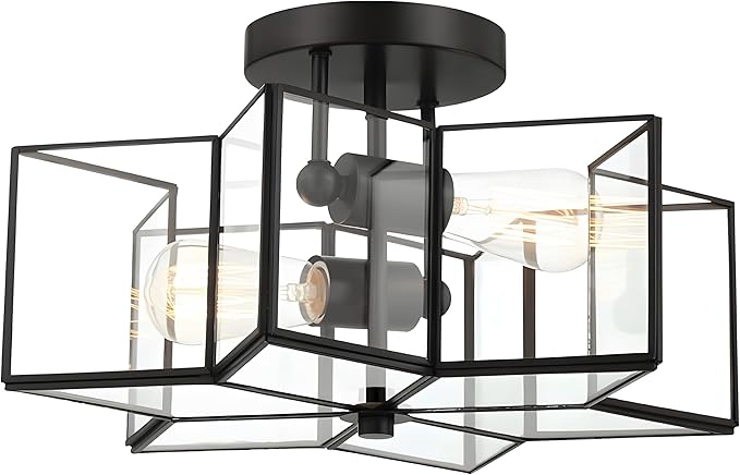 Bofea-Modern Black Semi Flush Mount Ceiling Light Star Ceiling Light Vintage Octagon Lights Fixture Black Flush Light Fixture for Bedroom 2-Lights Clear Glass Semi Flush Mount Chandelier for Hallway
