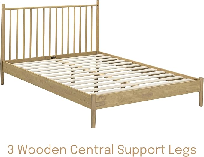 NTC Inno Wooden Bed Frame with Headboard, Solid Oak and Rubber Wood Foundation with Silent Slats and Wood Central Supports, 1000 Lb Capacity, Effortless Assembly, Queen - Sand