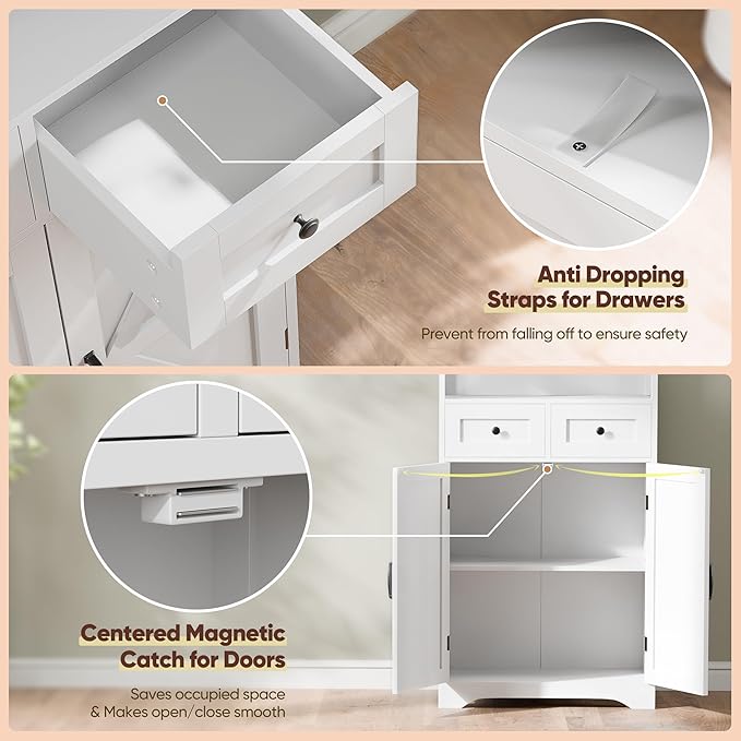 SUPER DEAL Farmhouse Storage Cabinet, Bathroom Floor Cabinet Kitchen Pantry with Doors and Drawers, Hutch Cupboard for Laundry, Living Room, Bedroom, White