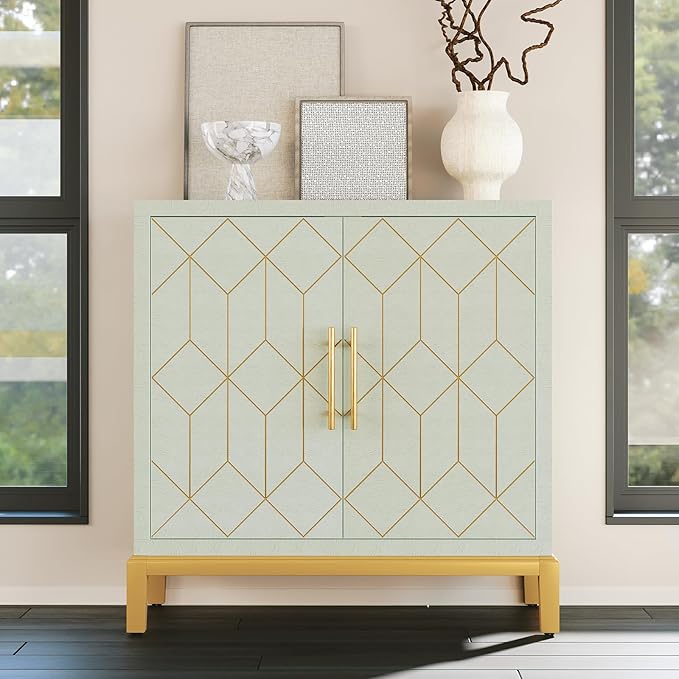 HLR Green Accent Cabinet with Gold Trim,Storage Cabinet with 2 Doors,Modern Wooden Sideboard for Living Room, Kitchen, Office and Hallway