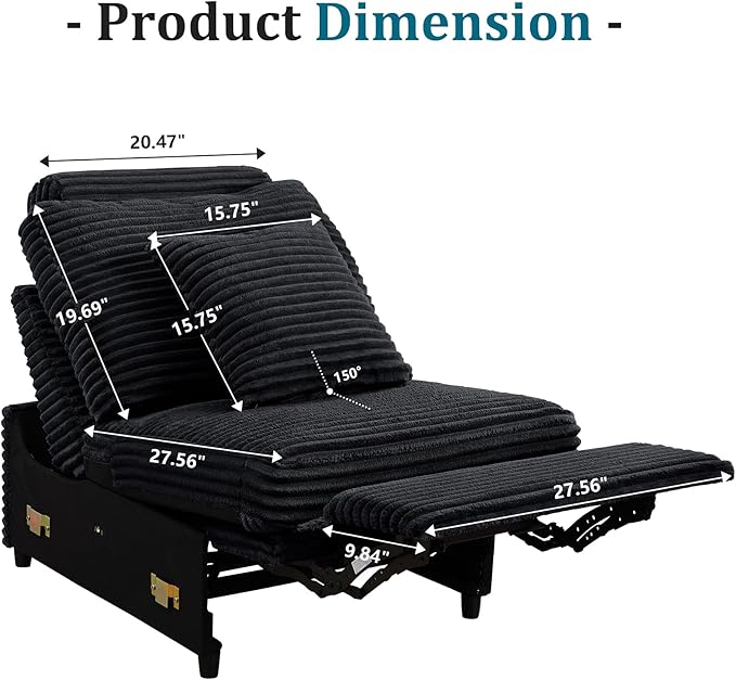 ORRD Modern Armless Power Recliner Sofa Seat for Modular Sectional Couch for Living Room-Black