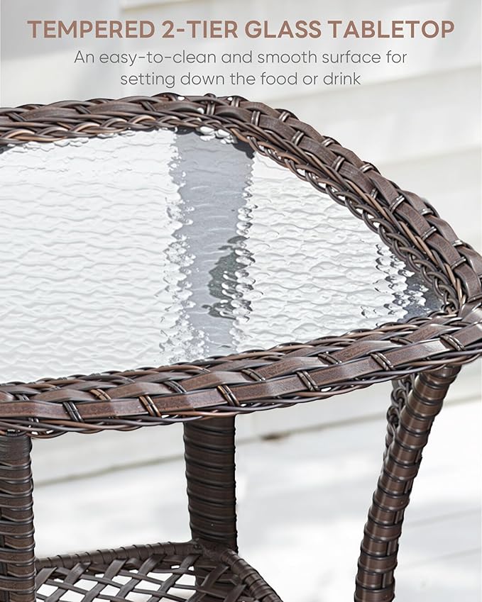 3 Piece Patio Brown Wicker Chairs with Side Table - Outdoor High Back Heavy Duty All-Weather Lawn Dining Rattan Chair Conversation Bistro Set for Deck Porch Balcony Backyard Garden - Turqoise