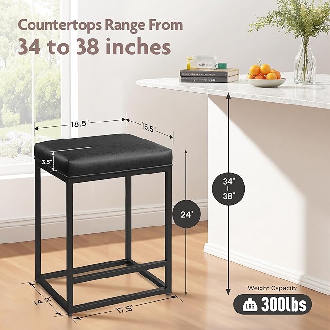 ALPHA HOME 24 Inch Counter Height Bar Stools Set of 3, Upholstered Bar Stools for Kitchen Island, Counter Stools with Faux Leather Cushion and Sturdy Metal Frame, Modern Barstools, Black