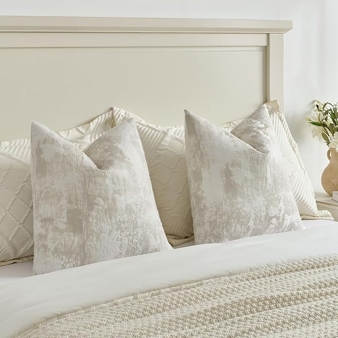FUTEI Beige White Decorative Throw Pillow Covers 12x20 Inch Set of 2,Soft Faux Cashmere Jacquard - Textured & Cozy Pillow Case,Modern Home Decor for Couch Bed Living Room