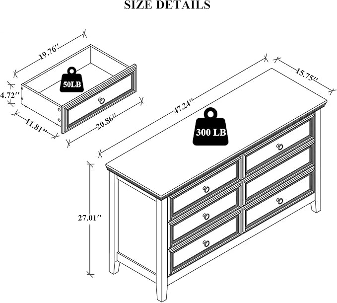 Dresser for Bedroom 6 Drawers Dresser - 47.2" Wide 6 Chest of Drawers Storage Double Cabinet as Bedfoot Organizer & Wardrobe Cabinet（Antique White & Brown）