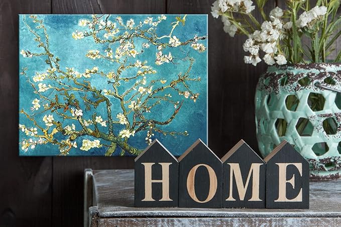 Wieco Art Almond Blossom Modern Framed Floral Giclee Canvas Prints By Van Gogh Famous Oil Paintings Reproduction Flowers Pictures on Canvas Wall Art Ready to Hang for Bedroom Home Decorations