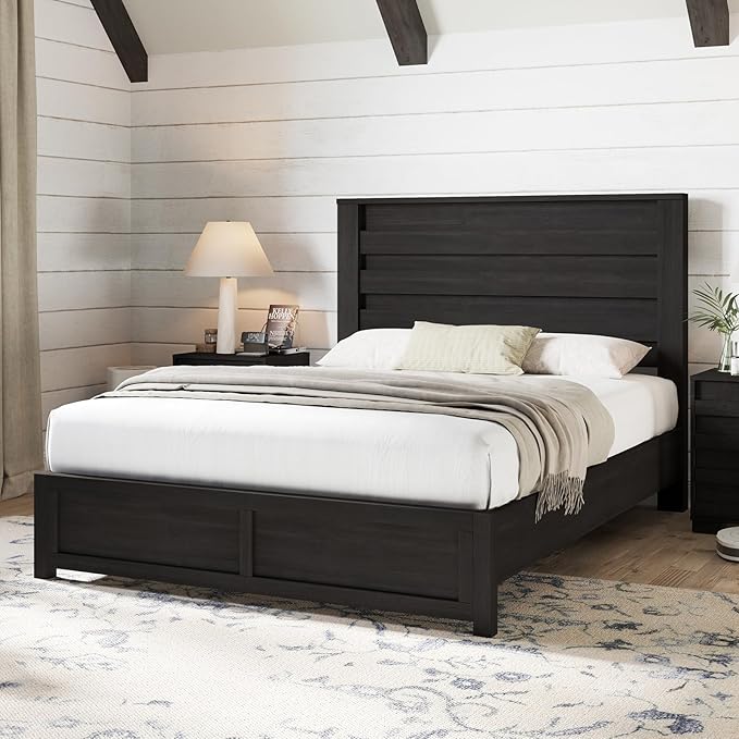 AMERLIFE Farmhouse Queen Size Bed Frame with 49" Tall Headboard, Platform Bed with Natural Wood Grain, No Box Spring Needed/Noise Free, Black