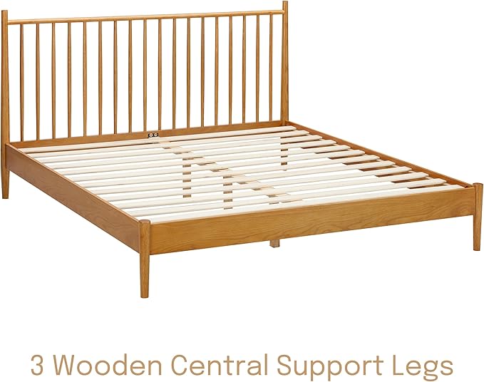NTC Inno Wooden Bed Frame with Headboard, Solid Oak and Rubber Wood Foundation with Silent Slats and Wood Central Supports, 1000 Lb Capacity, Effortless Assembly, Queen Rustic - Oak