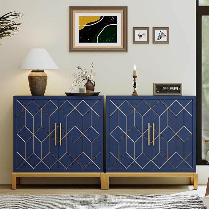 HLR Accent Cabinet with Gold Trim,Storage Cabinet with 2 Doors,Modern Wooden Sideboard for Living Room, Kitchen, Office and Hallway,Blue
