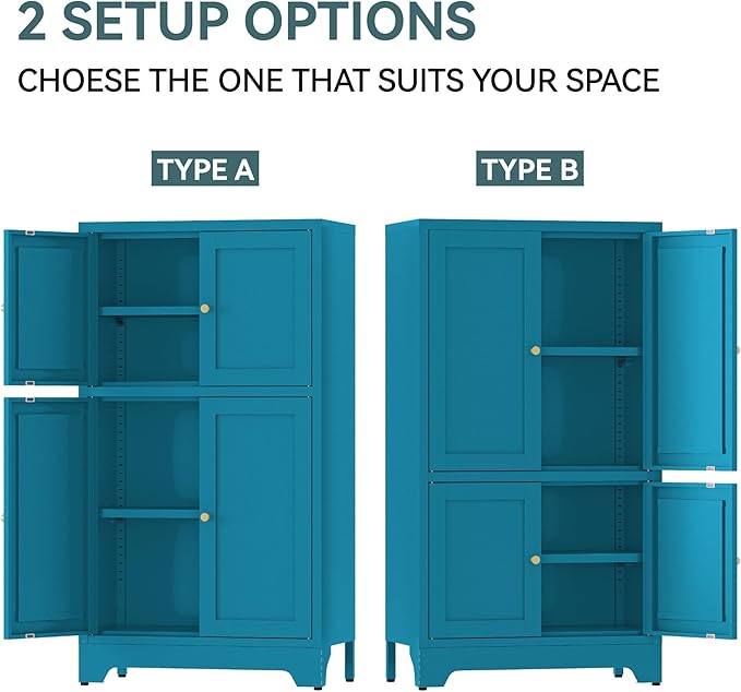 Blue Bathroom Floor Cabinet, Metal Storage Cabinet with 2 Adjustable Shelves & 4 Doors,Freestanding Sideboard for Dining Room,Living Room, Home Office