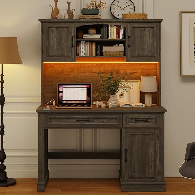 Vabches Farmhouse 47" Executive Desk with Hutch, 2 Drawers and LED Light, Computer Desk with Storage Cabinet and Charging Station,Workstation for Home Office and Study.Grey