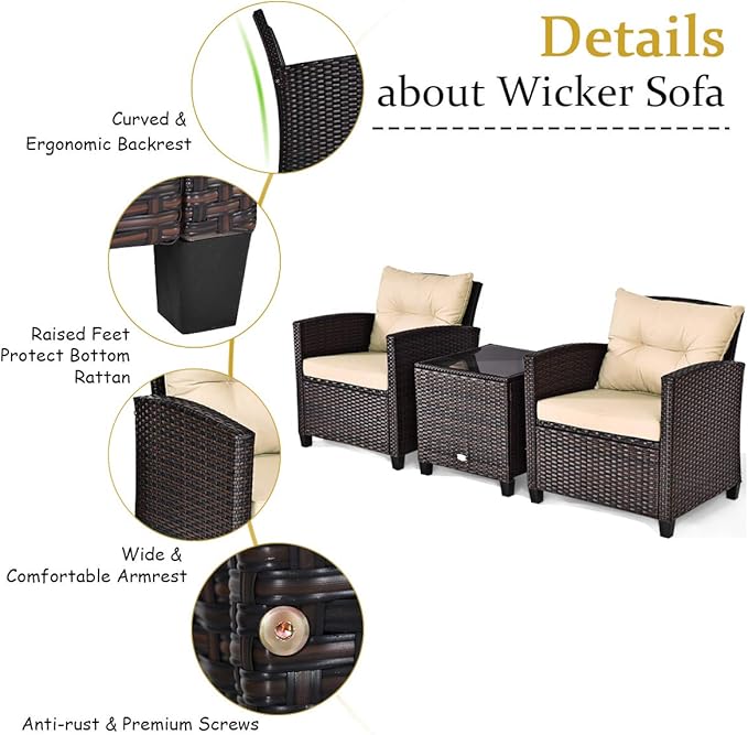 Tangkula 3 Pieces Patio Furniture Set, PE Rattan Wicker 3 Pcs Outdoor Sofa Set w/Washable Cushion and Tempered Glass Tabletop, Conversation Furniture for Garden Poolside Balcony (Beige)
