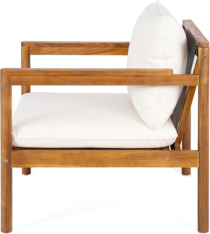 Christopher Knight Home Veera Set of 2 Acacia Wood Lounge Chair Outdoor with Rope Accent, Accent Chair with Water-Repellent Cushions, Comfy Chairs for Garden/Backyard, Patio Furniture, Teak + Cream