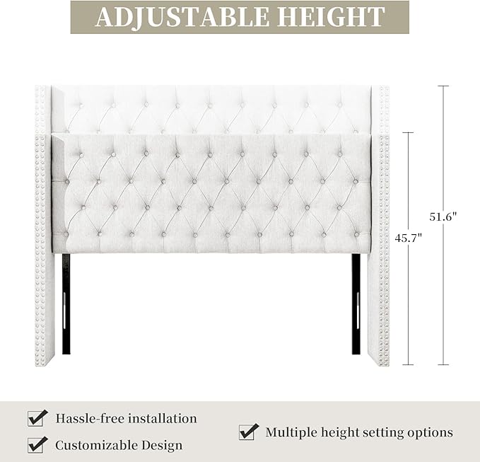 Lucky Monet Linen Upholstered Headboard Queen Size (Headboard Only), Nail Head Trim Wingback Tufted Button Headboard Luxury Soft Padded Head Board with Durable Metal Legs, Adjustable Height, Beige