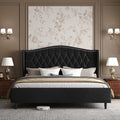 Belffin Queen Bed Frame with Headboard, Luxury Upholstered Velvet Platform Bed with Wingback, Button Tufted & Nailhead Trim, Anti-Slide Tall Footboard, No Box Spring Needed, Noise-Free, Black