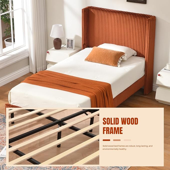 PINJU Twin Size Bed Frame, Upholstered Platform Bed with Modern Vertical Striped Wingback Headboard with Wooden Slats, Easy to Assemble No Noise Free (OCHER, Twin)