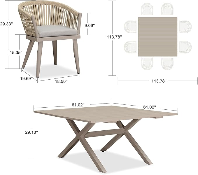 PURPLE LEAF 9 Pieces Outdoor Dining Set with Patio Aluminium Square Dining Table and Wicker Rattan Chairs Modern Furniture Cushions Sets for Backyard Indoor Decor Kitchen Champagne