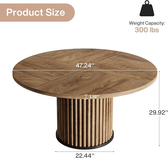 Tribesigns Round Dining Table for 4-6, 47-Inch Modern Circle Kitchen Table with Fluted Round Base, Farmhouse Wood Dinner Table for Dining Room, Kitchen, Living Room, Brown