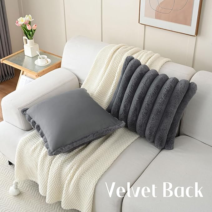 FUTEI Dark Grey Decorative Throw Pillow Covers 26x26 Inch Set of 2, Square Soft Faux Rabbit Fur Big Striped Pillow Sham,Home Decor for Couch Sofa Bed Living Room