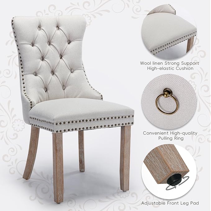 Linen Upholstered Dining Chairs Set of 6, Modern Style Kitchen Side Chairs with Nailhead Trim and Wood Leg, Metal Pulling Ring for Dining Room Living Room(Beige,Set of 6)