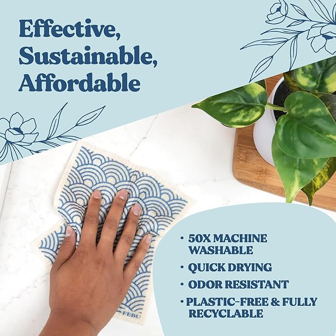 FEBU Swedish Dishcloths for Kitchen | 5 Pack Botanique Reusable Paper Towels Washable | Swedish Dish Towels | Non-Scratch Cellulose Sponge Cloths | No Odor, Biodegradable Cleaning Cloths