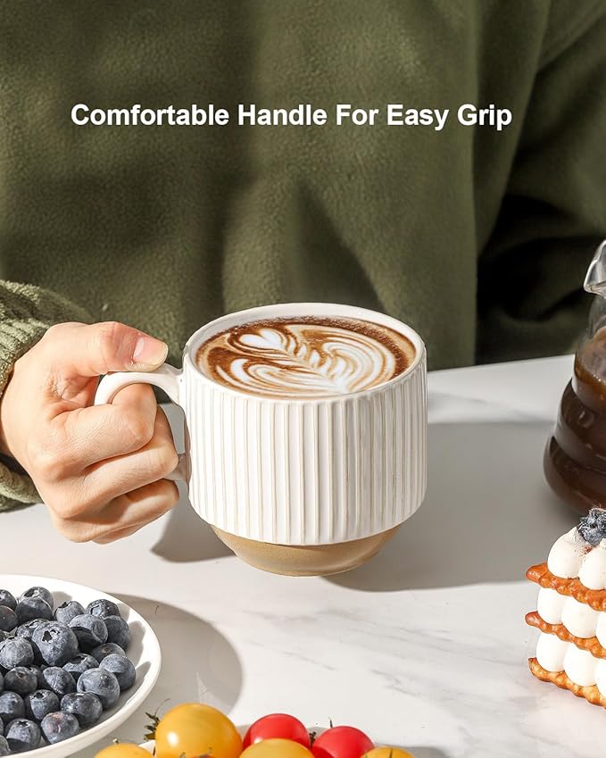 HASENSE 15oz Coffee Mug Set of 4 - Stackable Ceramic Mugs with Holder - White & Light Brown Coffe Cups Set for Cappuccino, Tea, Hot Cocoa, Drinks - Wedding & Housewarming Gifts, Everyday Use
