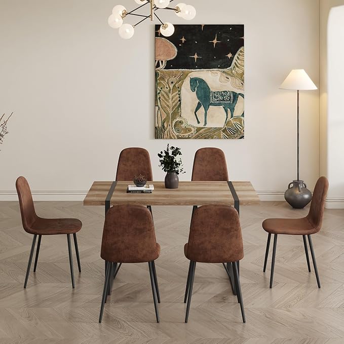 6 Chair Dining Table Set，Dinner Table Set for 6, 55'' Kitchen Table and Suede Nap Fabic Chairs Set of 6, 7 Piece Dining Table Set for Kitchen Dining Room