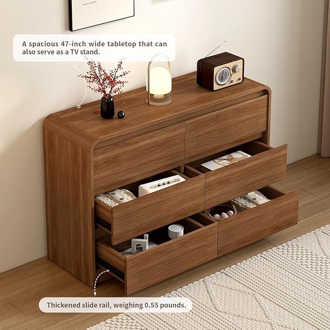 6 Drawer Dresser For Bedroom 47 Inch Wood Chest of Drawers - Curved Anti Collision, Mid Century Dresser For Closet with Natural Texture & Pre-Embedded Slots for TV Stand, Living Room, Nursery